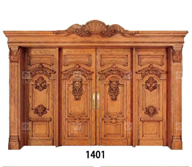 Modern Double Entry Wood Doors Solid Wood Carving Main Door with Waterproof Feature Finished Exterior Application
