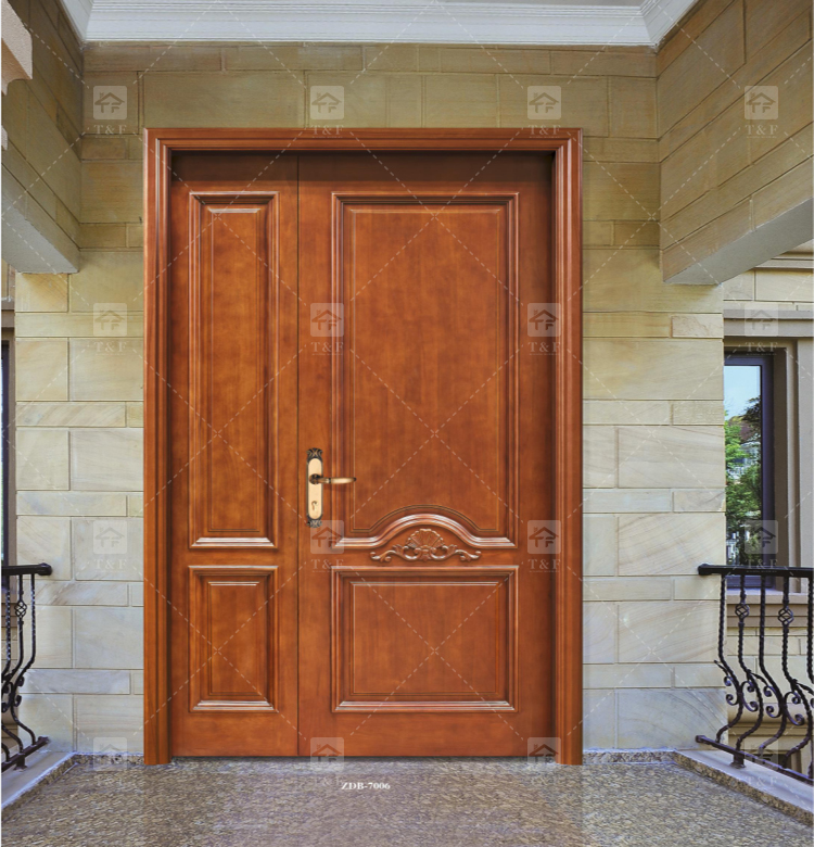 Modern Double Entry Wood Doors Solid Wood Carving Main Door with Waterproof Feature Finished Exterior Application