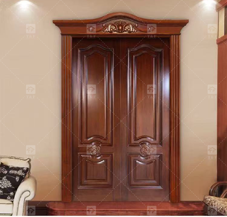 Modern Double Entry Wood Doors Solid Wood Carving Main Door with Waterproof Feature Finished Exterior Application