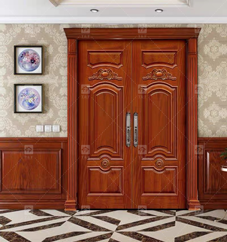Modern Double Entry Wood Doors Solid Wood Carving Main Door with Waterproof Feature Finished Exterior Application
