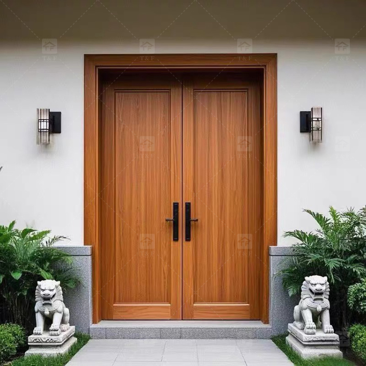 Modern Design Double Open Panel Wooden Front Entrance Door Villa External Security Swing Waterproof Feature Finished Surface