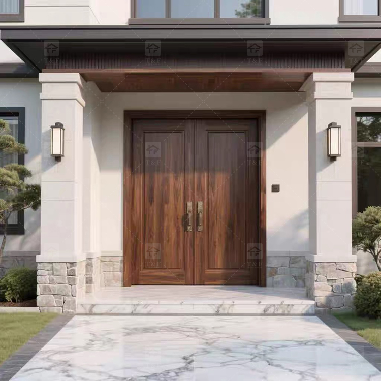 Modern Design Double Open Panel Wooden Front Entrance Door Villa External Security Swing Waterproof Feature Finished Surface