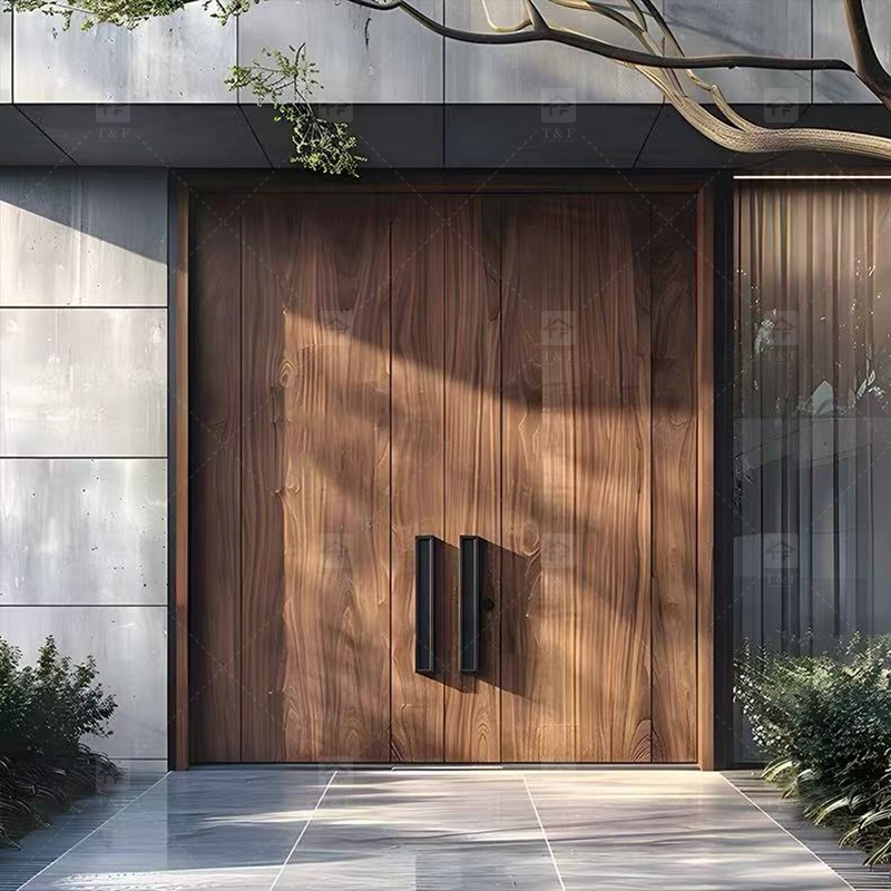 Modern Double Open Panel Design Finished Wooden Security Swing Front Entrance Door for Apartment Outdoor Use Villa Exterior
