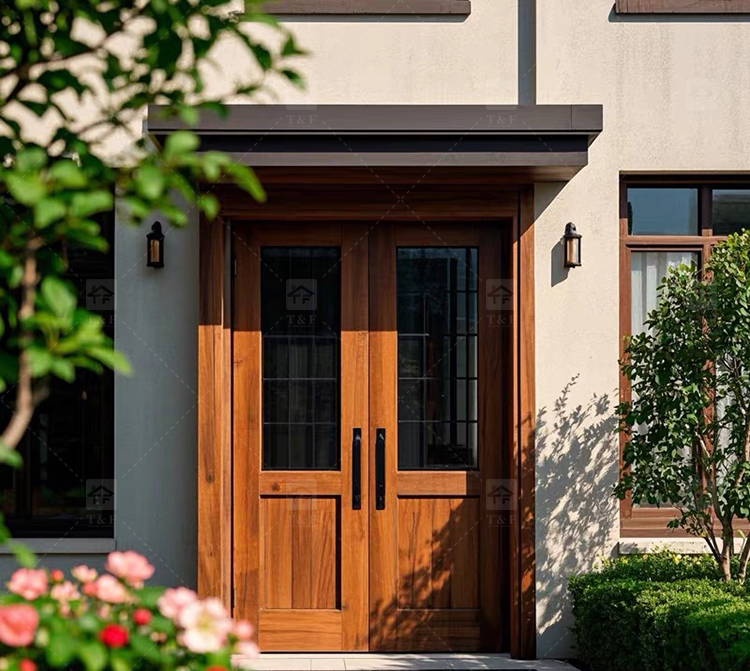 Modern Double Open Panel Design Finished Wooden Security Swing Front Entrance Door for Apartment Outdoor Use Villa Exterior