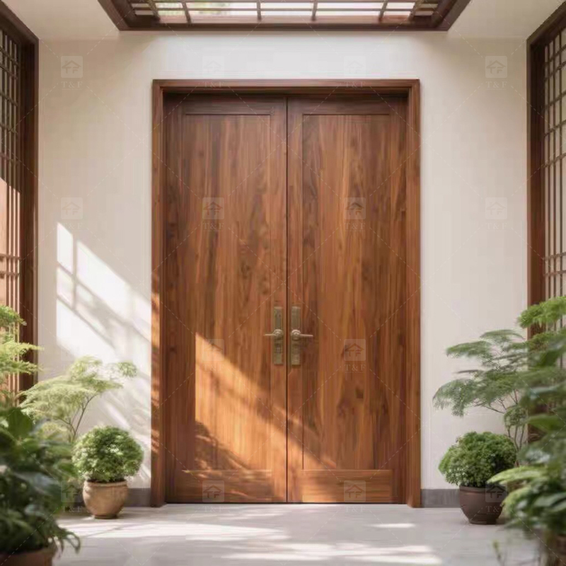 Modern Double Open Panel Design Finished Wooden Security Swing Front Entrance Door for Apartment Outdoor Use Villa Exterior