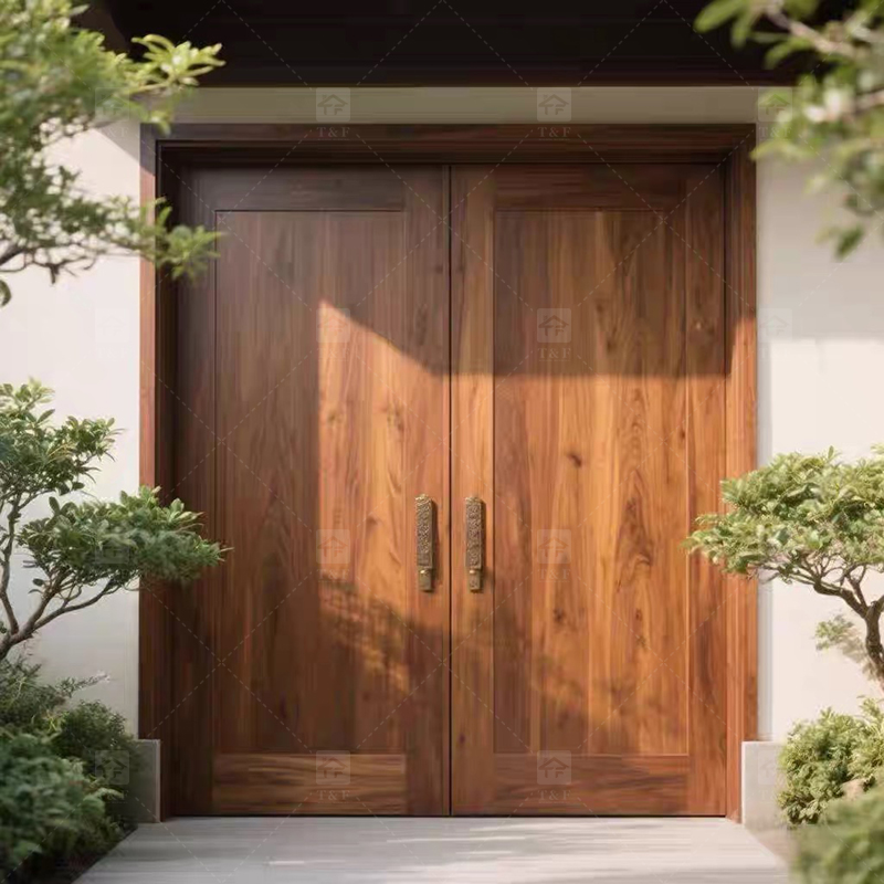 Modern Double Open Panel Design Finished Wooden Security Swing Front Entrance Door for Apartment Outdoor Use Villa Exterior