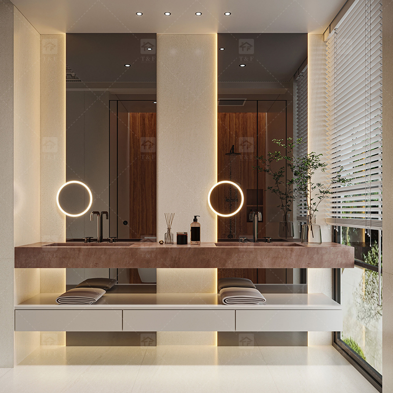 Custom Modern Luxury Hotel Floating Wood Bathroom Vanity Cabinet with Sintered Stone Top and Smart LED Mirror