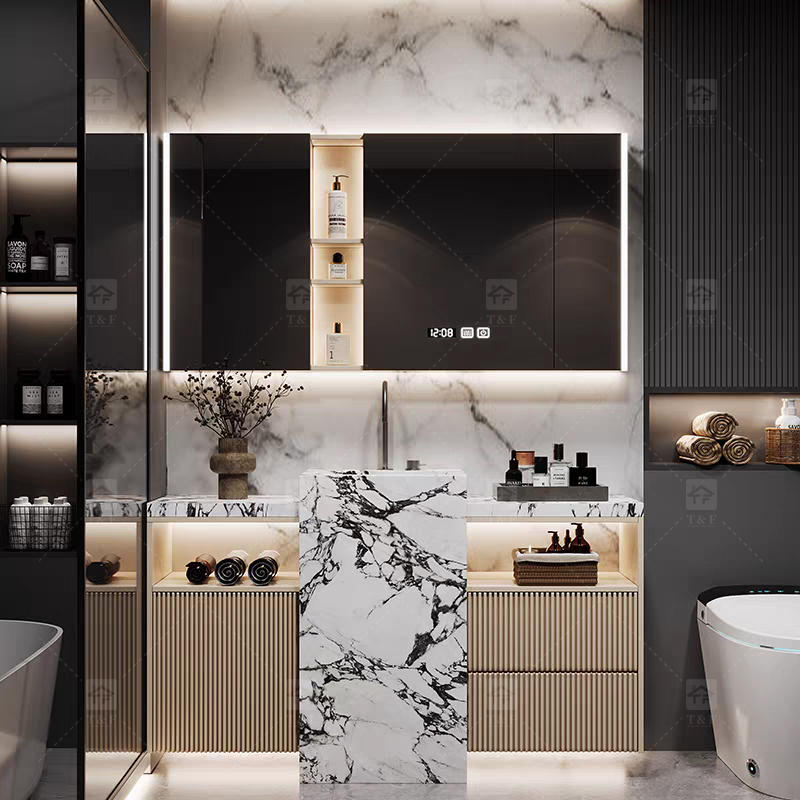 Modern Wall Mounted Wood Bathroom Vanity Cabinet with Smart LED Mirror and Floor Standing Pedestal Basin
