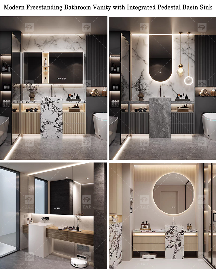 Modern Wall Mounted Wood Bathroom Vanity Cabinet with Smart LED Mirror and Floor Standing Pedestal Basin