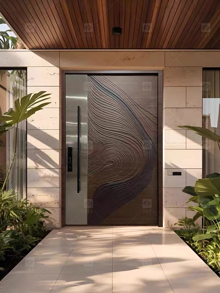Luxury Villa Main Door Extra-Large 3D Carving Wood Surface Pivot Metal Entrance Door for Modern House Exterior