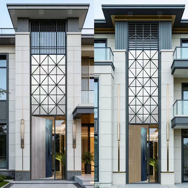 Custom Double-Height Villa Entrance Metal Front Door with Fixed Glass Panels Exterior Entry Doors for Houses