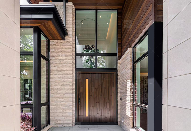 Custom Double-Height Villa Entrance Metal Front Door with Fixed Glass Panels Exterior Entry Doors for Houses