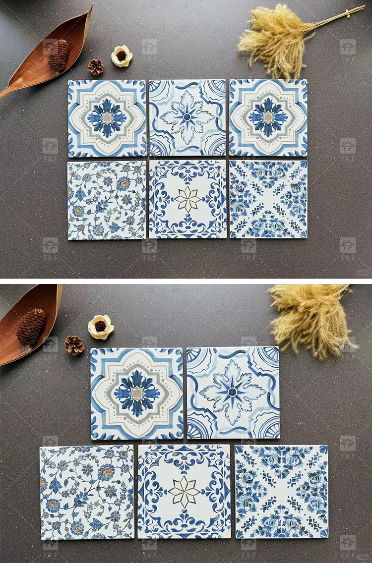200x200mm Vintage Blue White Porcelain Pattern Tiles for Bathroom and Toilet Shower Kitchen Floor Wall Tile