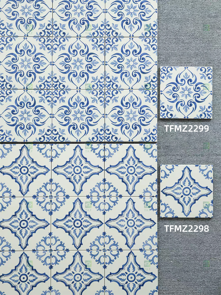 200x200mm Vintage Blue White Porcelain Pattern Tiles for Bathroom and Toilet Shower Kitchen Floor Wall Tile