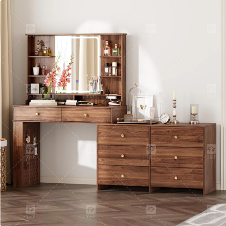 Custom Modern Lighted Mirror Makeup Table with 3 Drawers Wooden Vanity Set for Bathroom Hotel Projects Vanity Con Luz Led