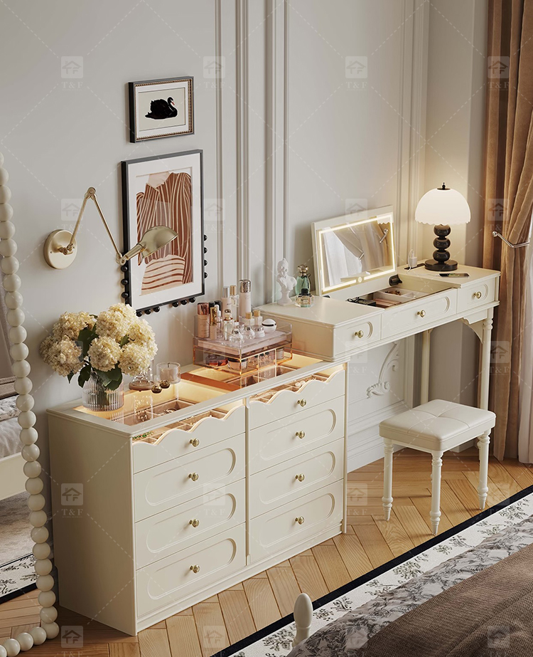 Custom Modern Lighted Mirror Makeup Table with 3 Drawers Wooden Vanity Set for Bathroom Hotel Projects Vanity Con Luz Led