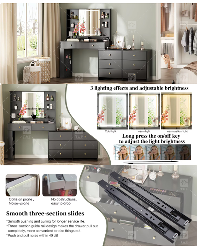 Luxury Black Solid Wood Vanity Table with LED Light Makeup Mirror 7 Drawers Durable Furniture for Bedroom Living Room Hotel Use