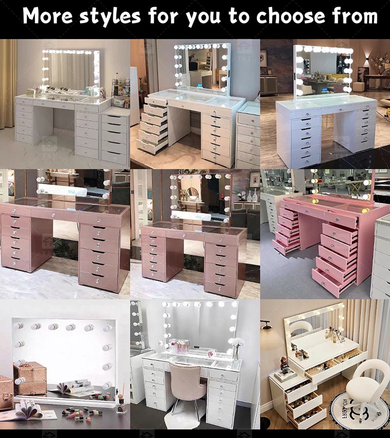 Factory Modern White 13 Drawers Dressing Table and Makeup Vanity Table with Led Light Bulb Mirror Stand Vanity Con Luz Led