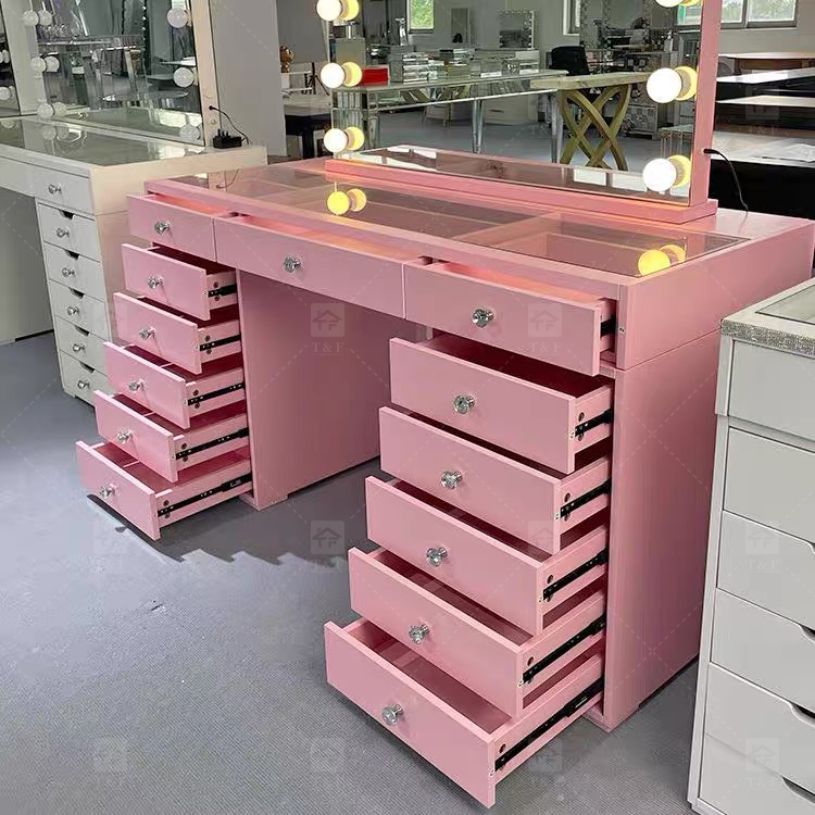 Factory Modern White 13 Drawers Dressing Table and Makeup Vanity Table with Led Light Bulb Mirror Stand Vanity Con Luz Led