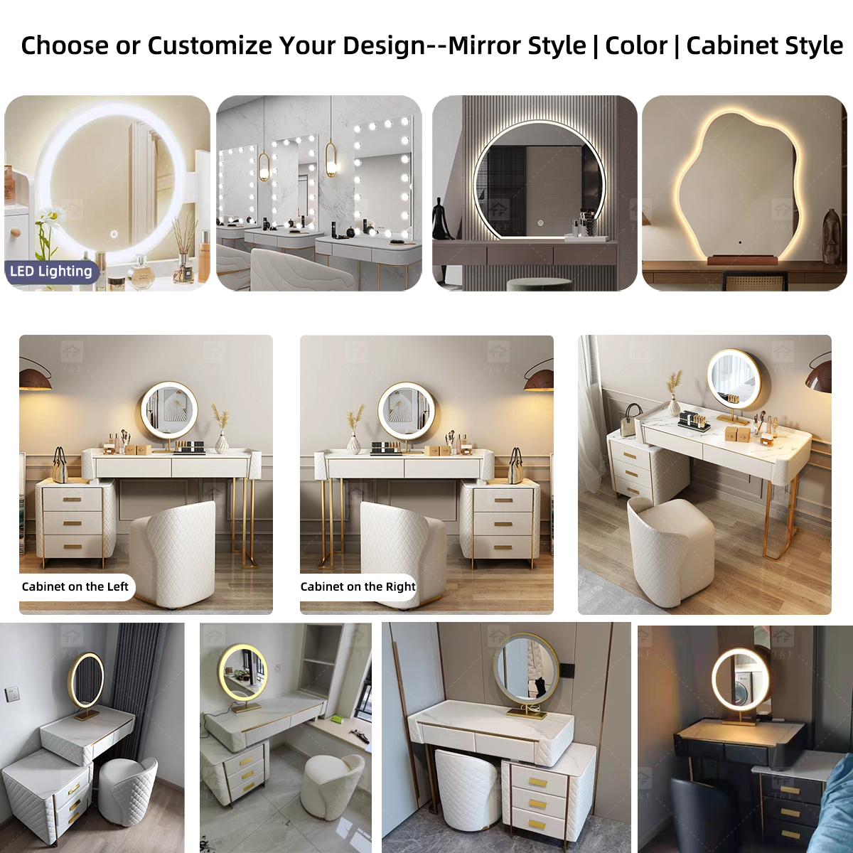 Modern White Makeup Vanity Desk with LED Mirror Vanity Con Luz Led Set and Storage Drawers Bedroom Dressing Table