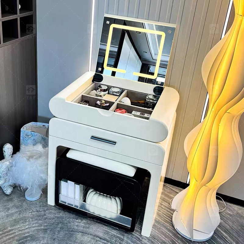 Modern Solid Oak Wood Flip-Top Dressing Table with Square LED Lighted Mirror Hidden Storage Stainless Steel Hardware for Bedroom
