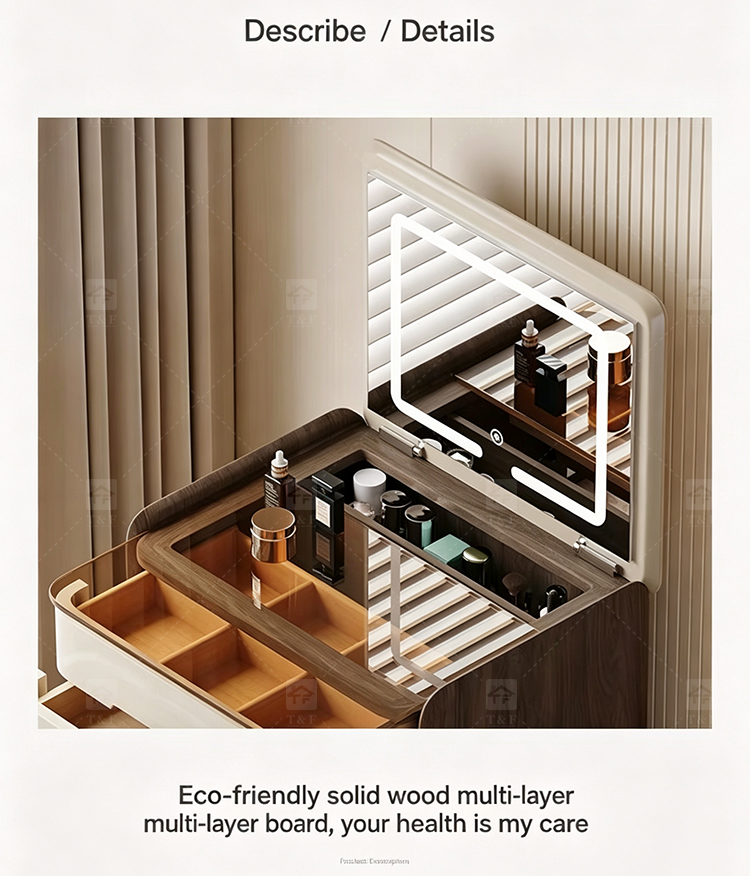 Modern Solid Oak Wood Flip-Top Dressing Table with Square LED Lighted Mirror Hidden Storage Stainless Steel Hardware for Bedroom