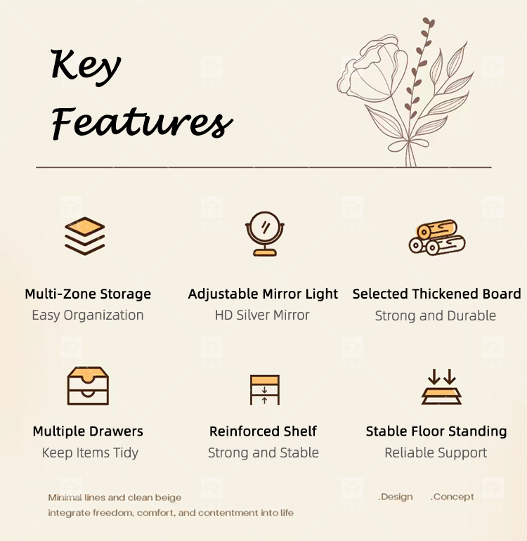 Modern Solid Oak Wood Flip-Top Dressing Table with Square LED Lighted Mirror Hidden Storage Stainless Steel Hardware for Bedroom