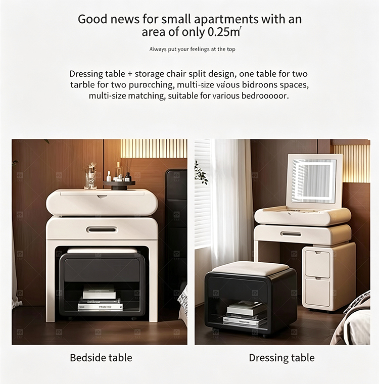 Modern Solid Oak Wood Flip-Top Dressing Table with Square LED Lighted Mirror Hidden Storage Stainless Steel Hardware for Bedroom