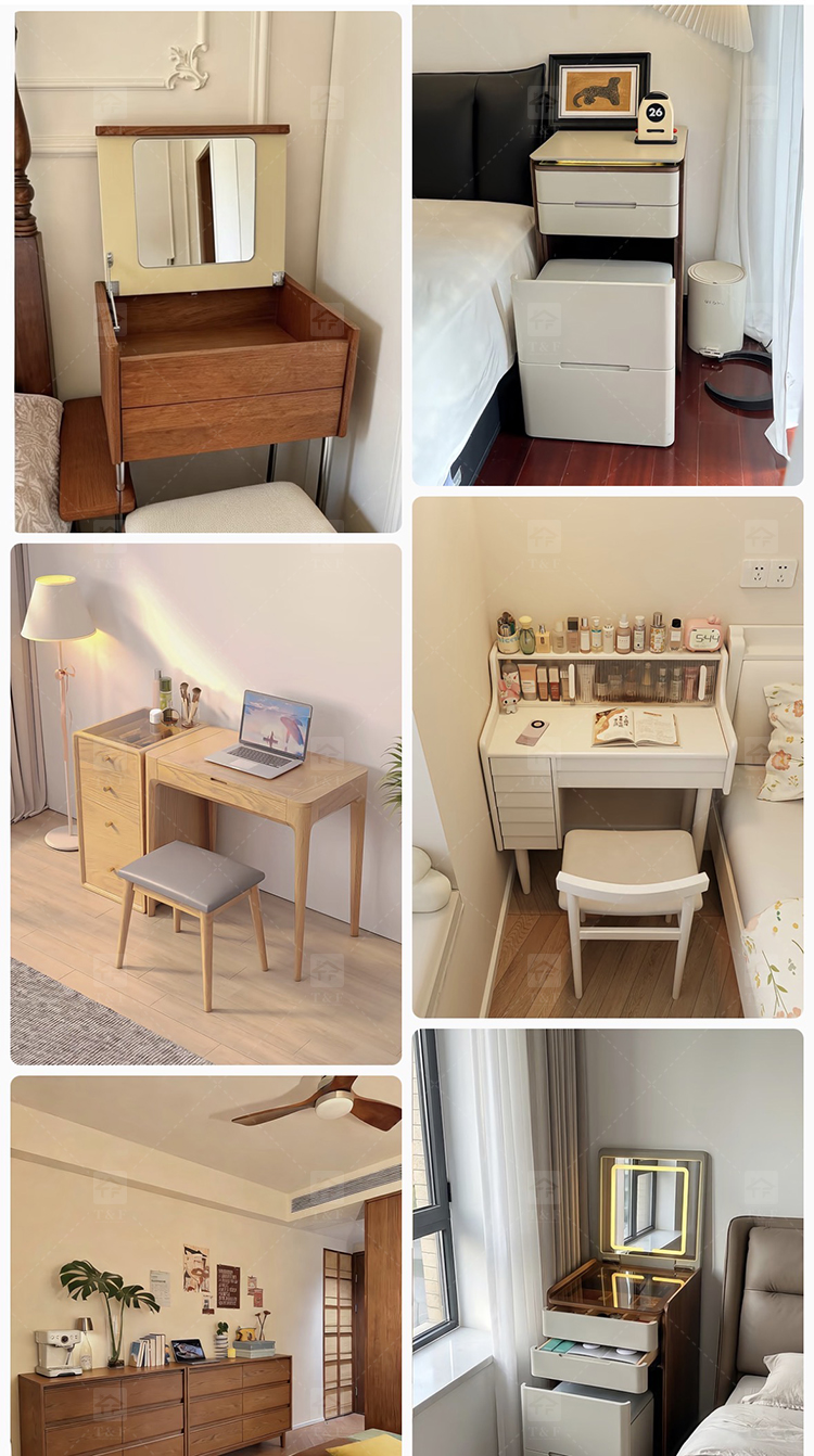 Modern Solid Oak Wood Flip-Top Dressing Table with Square LED Lighted Mirror Hidden Storage Stainless Steel Hardware for Bedroom