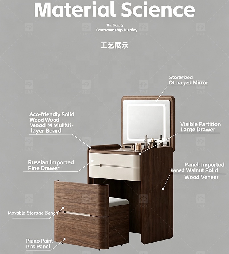 Modern Solid Wood Dressing Table with Flip Top Mirror & Storage Cabinet Multi-functional Makeup Table for Hotel & Bathroom Use