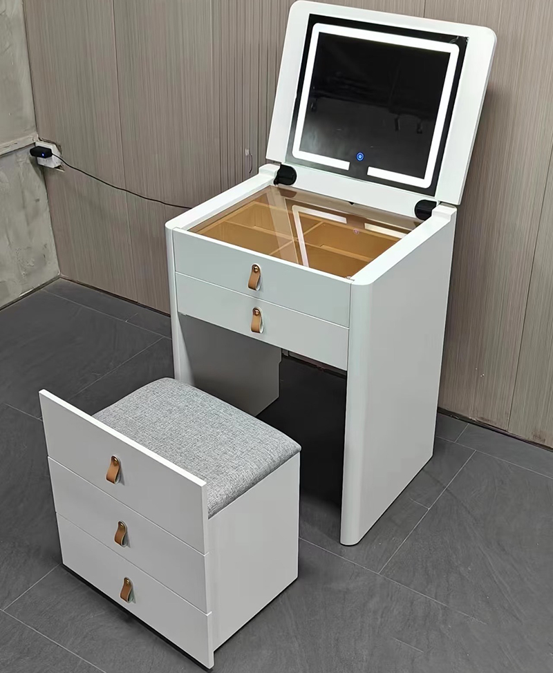 Modern Solid Wood Dressing Table with Flip Top Mirror & Storage Cabinet Multi-functional Makeup Table for Hotel & Bathroom Use