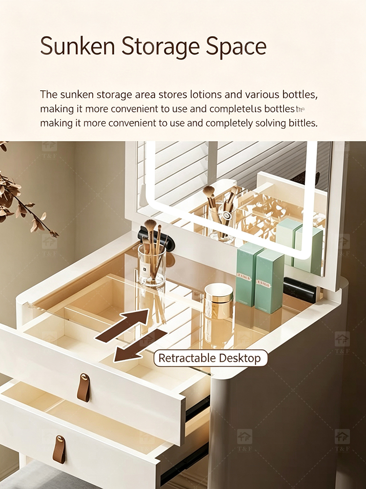 Modern Solid Wood Dressing Table with Flip Top Mirror & Storage Cabinet Multi-functional Makeup Table for Hotel & Bathroom Use