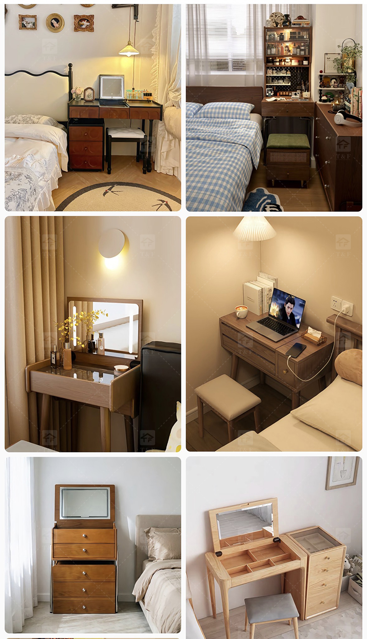 Modern Solid Wood Dressing Table with Flip Top Mirror & Storage Cabinet Multi-functional Makeup Table for Hotel & Bathroom Use