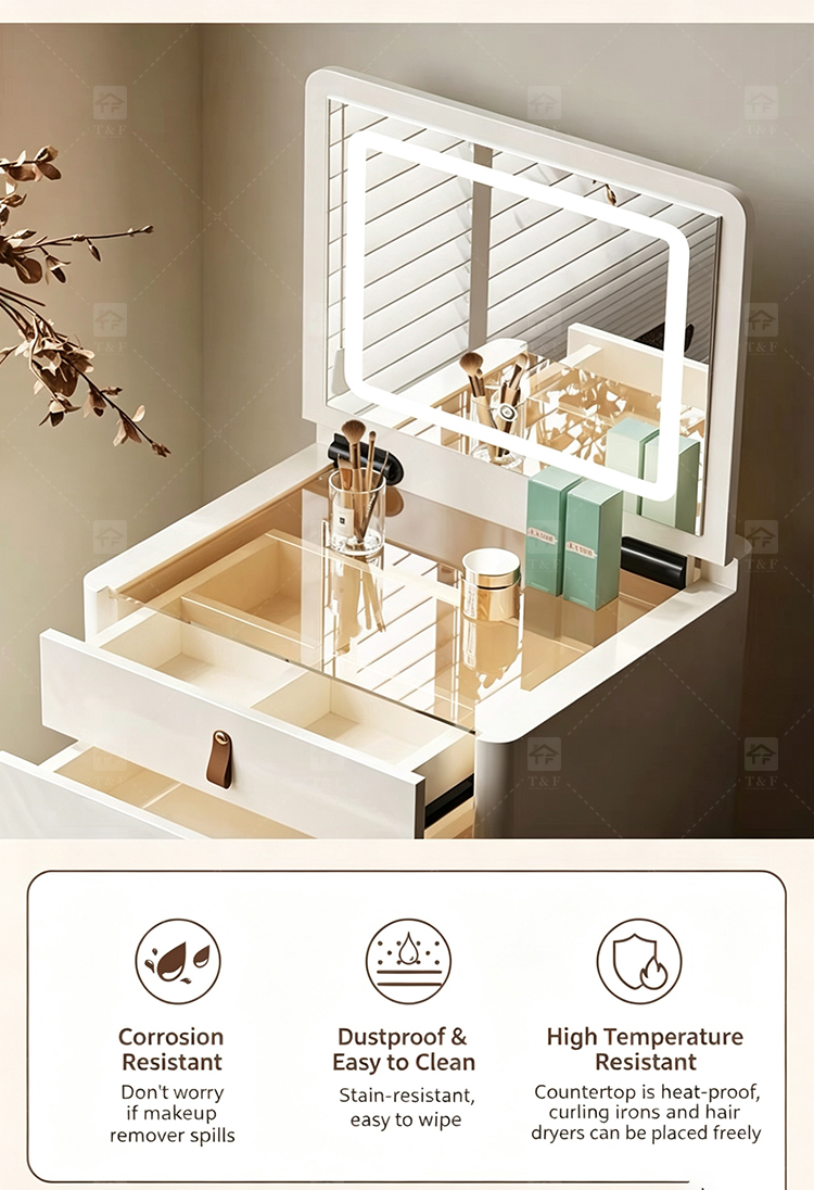 Modern Solid Wood Dressing Table with Flip Top Mirror & Storage Cabinet Multi-functional Makeup Table for Hotel & Bathroom Use