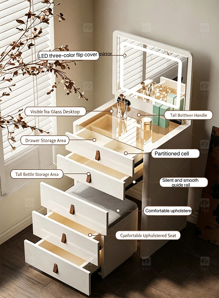 Modern Solid Wood Dressing Table with Flip Top Mirror & Storage Cabinet Multi-functional Makeup Table for Hotel & Bathroom Use