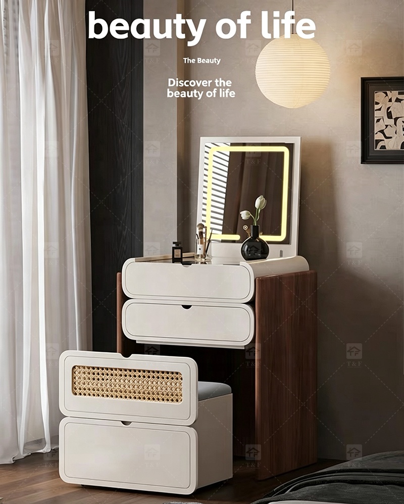 Hot Sale Modern Luxury Brown Oak Wood Dressing Table with Lighted Mirror and LED Light for Bedroom and Bathroom Use