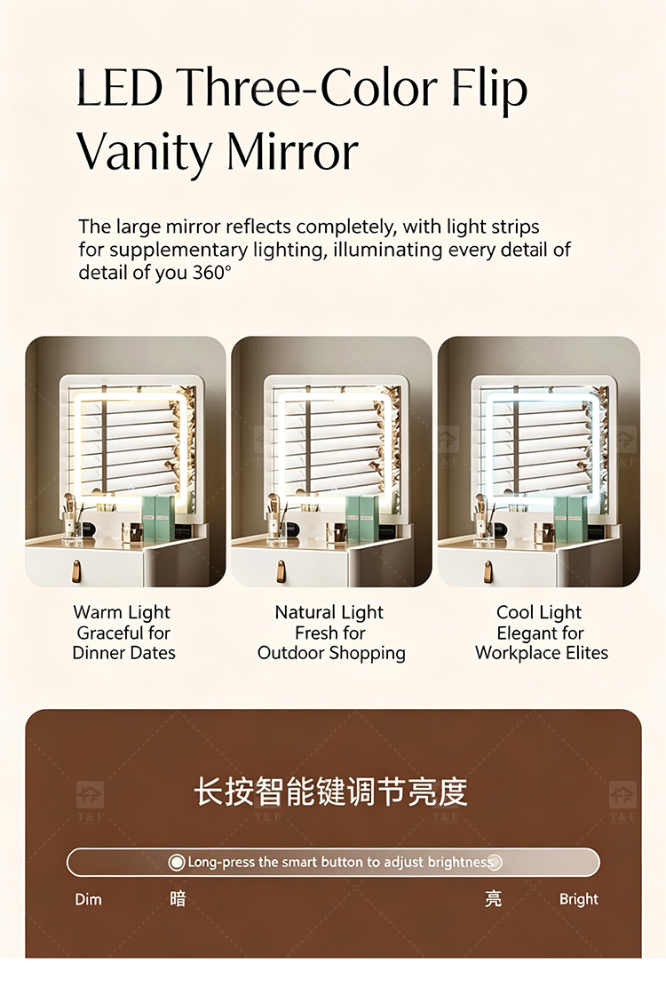 Hot Sale Modern Luxury Brown Oak Wood Dressing Table with Lighted Mirror and LED Light for Bedroom and Bathroom Use