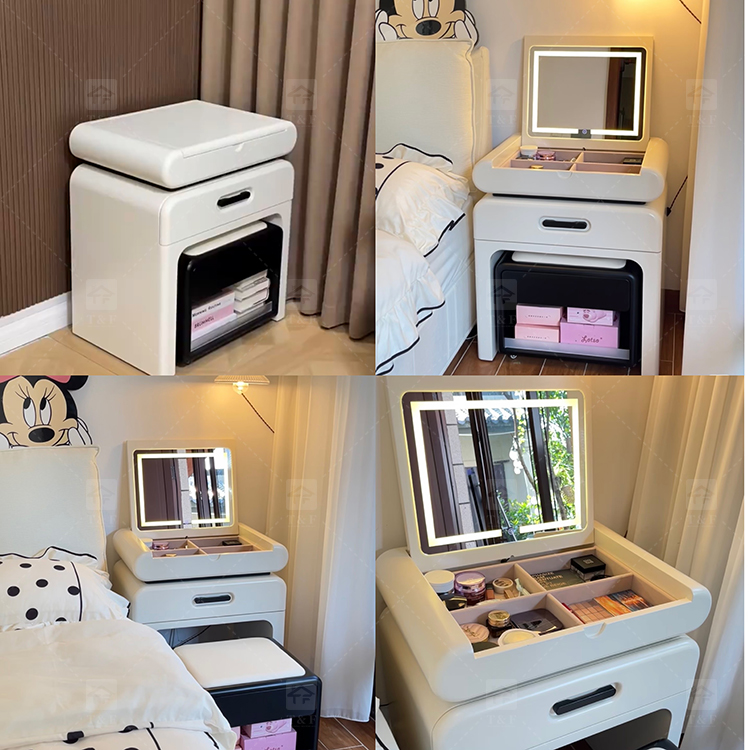 Hot Sale Modern Luxury Brown Oak Wood Dressing Table with Lighted Mirror and LED Light for Bedroom and Bathroom Use