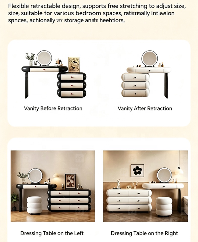 Cloud Style Vanity Table with LED Light Mirror, Rounded Makeup Dressing Table with Drawer Cabinet & Upholstered Stool