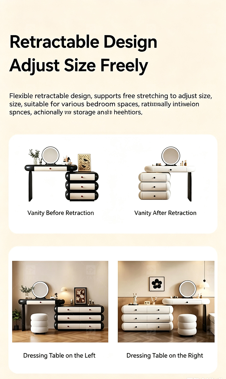 Cloud Style Vanity Table with LED Light Mirror, Rounded Makeup Dressing Table with Drawer Cabinet & Upholstered Stool