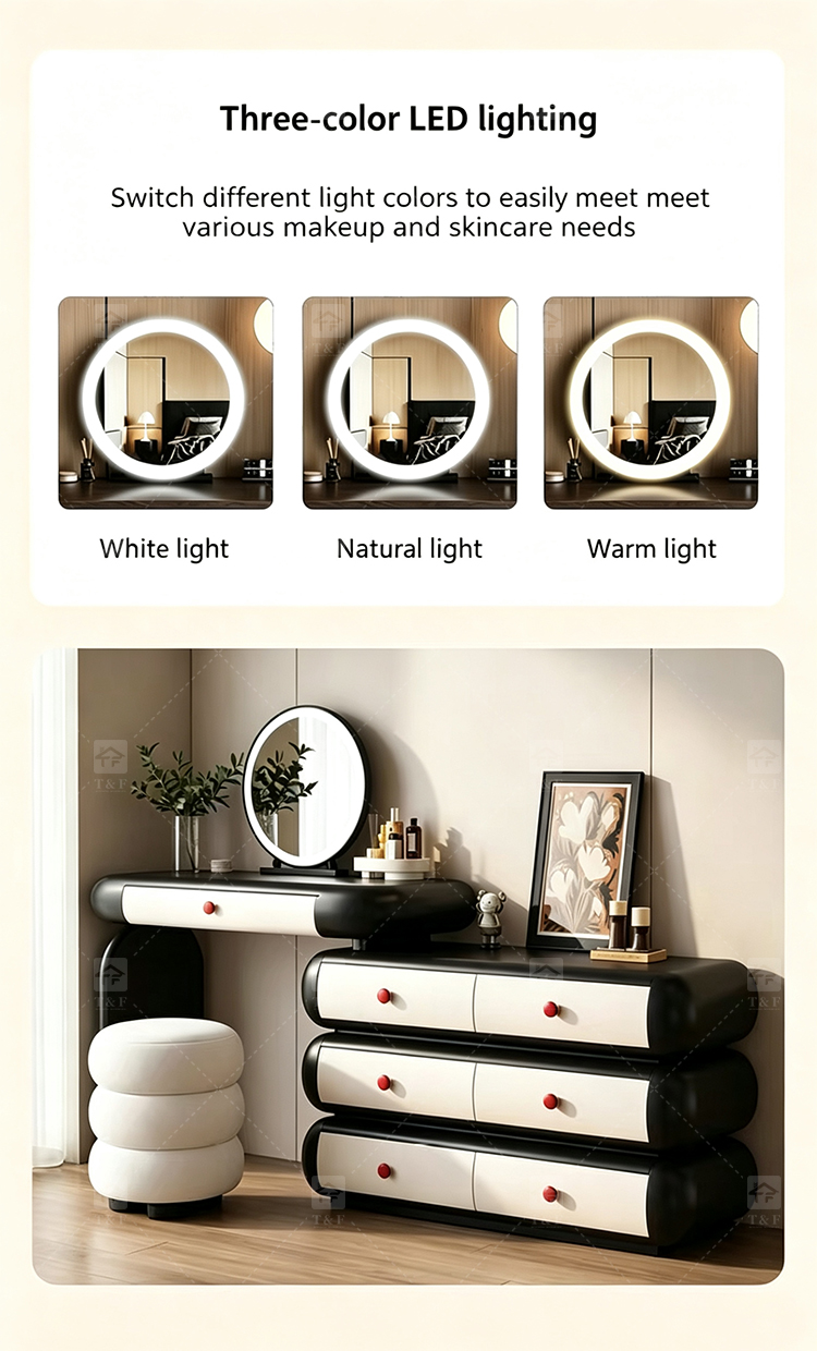 Cloud Style Vanity Table with LED Light Mirror, Rounded Makeup Dressing Table with Drawer Cabinet & Upholstered Stool