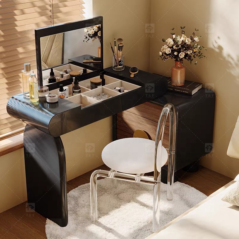 Modern Lighted Flip Top Vanity Mirror Cabinet Multi-functional Desktop Storage Box for Jewelry Cosmetics Bedroom Bathroom Use