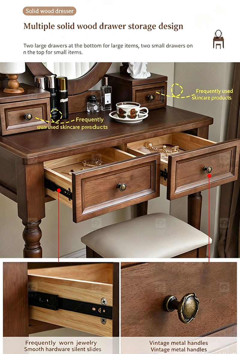 Modern Walnut Brown Makeup Vanity Set Standing Lighted Mirror Stool Turned Legs Bedroom Dressing Table for Bathroom/Living Room