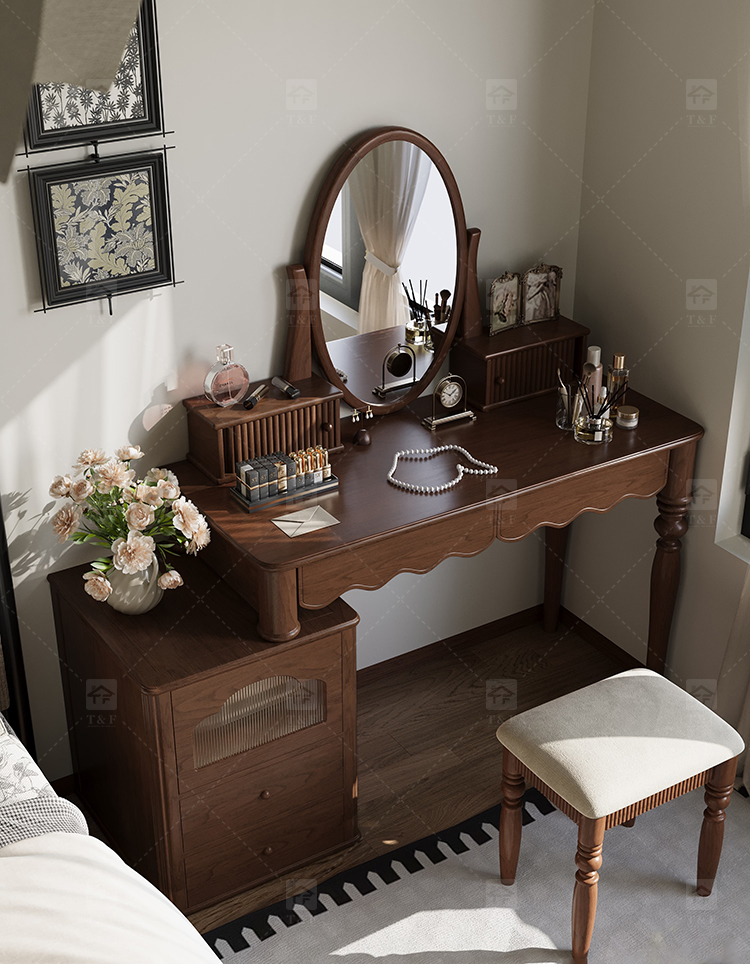 Modern Walnut Brown Makeup Vanity Set Standing Lighted Mirror Stool Turned Legs Bedroom Dressing Table for Bathroom/Living Room