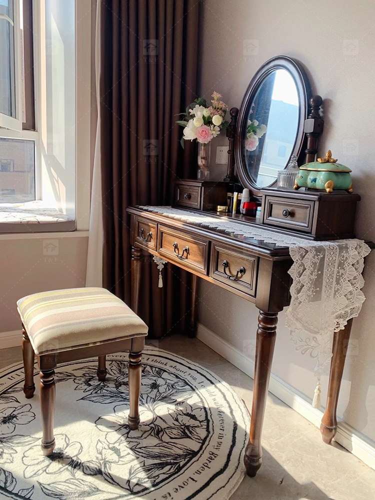 Modern Walnut Brown Makeup Vanity Set Standing Lighted Mirror Stool Turned Legs Bedroom Dressing Table for Bathroom/Living Room