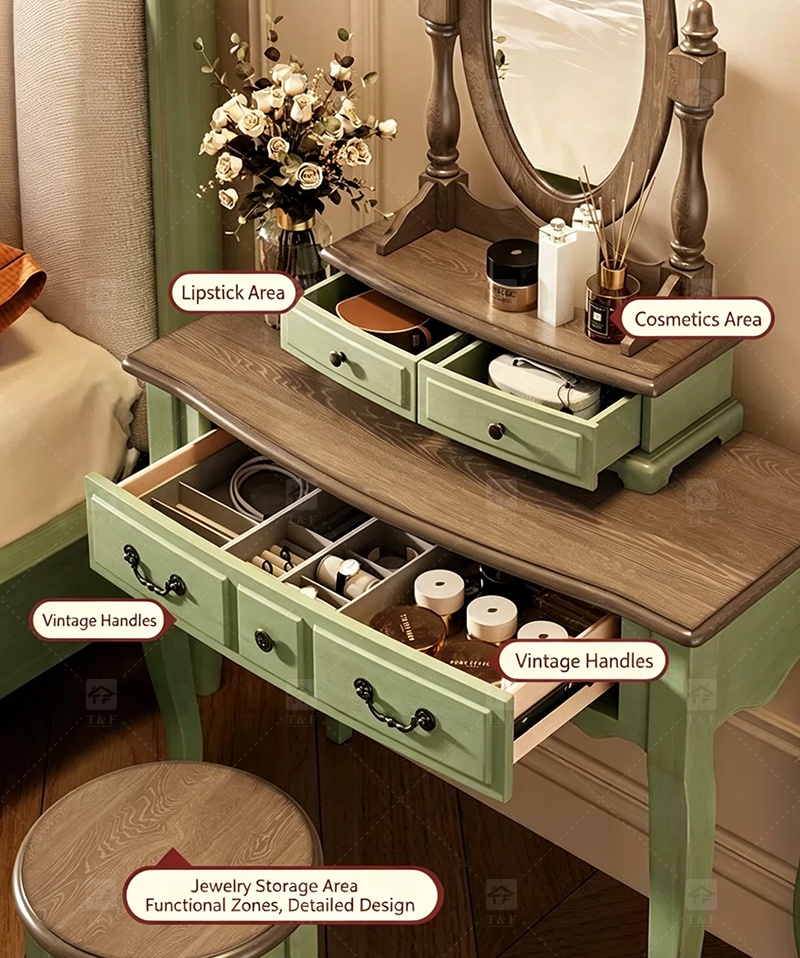 Modern Durable Mint Green Solid Wood Dressing Table Set with Mirror Stool for Bedroom Bathroom & Living Room Makeup Vanity