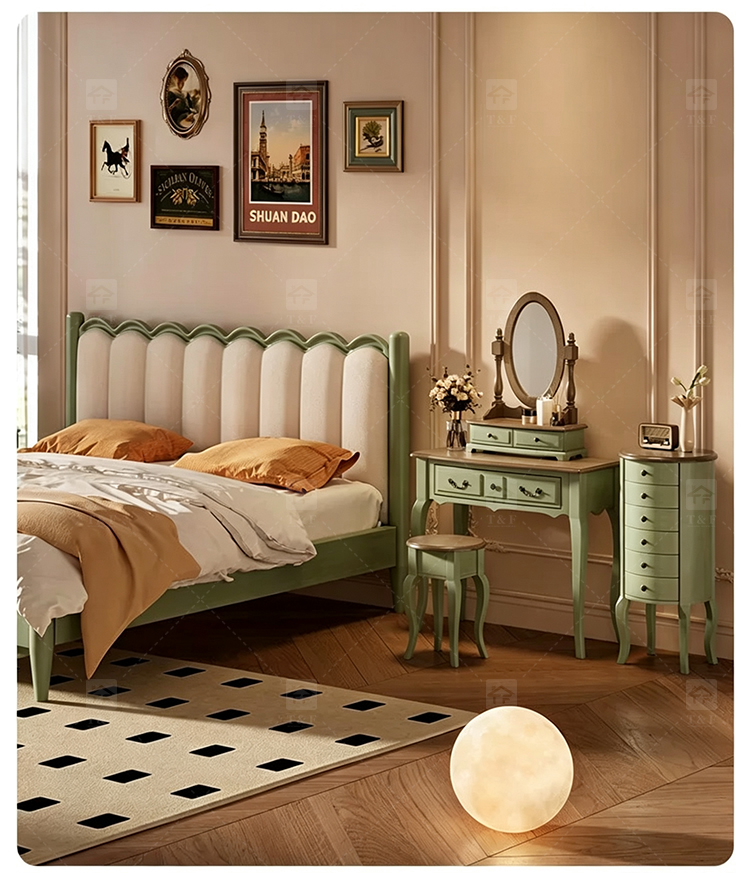 Modern Durable Mint Green Solid Wood Dressing Table Set with Mirror Stool for Bedroom Bathroom & Living Room Makeup Vanity