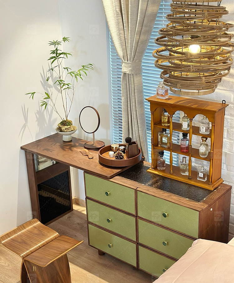 Modern Durable Mint Green Solid Wood Dressing Table Set with Mirror Stool for Bedroom Bathroom & Living Room Makeup Vanity