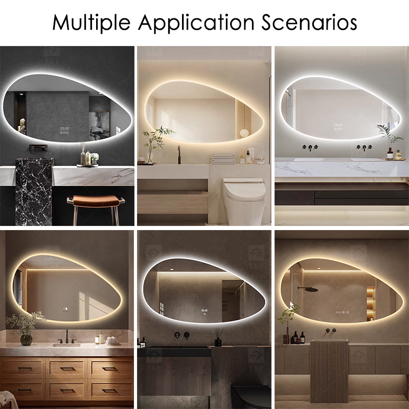 Smart LED Bathroom Light Miroir Irregular Oval Waterproof Backlit Vanity Wall Mirror with Defogger Touch Sensor Switch