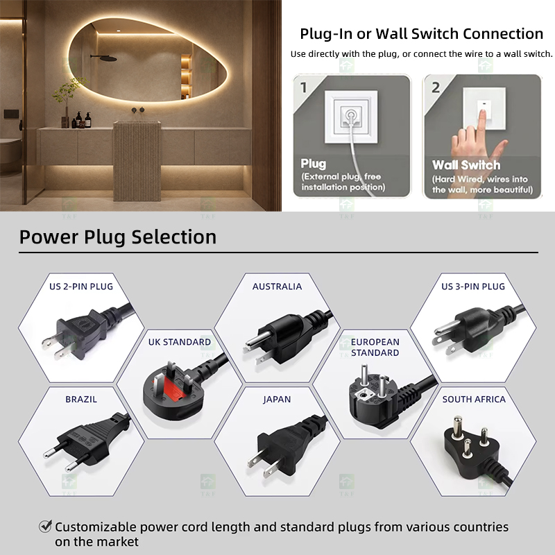 Smart LED Bathroom Light Miroir Irregular Oval Waterproof Backlit Vanity Wall Mirror with Defogger Touch Sensor Switch